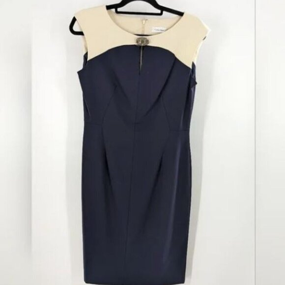 Calvin Klein dress Size 6 two color navy cream sheath sleeveless New - Picture 1 of 3